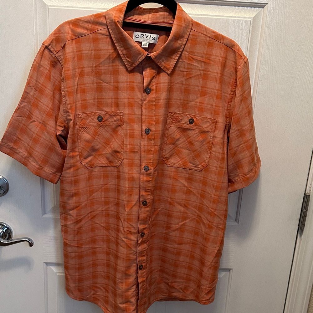 Orvis Men's Casual Short Sleeve Orange Checkered Button Front Shirt Size Large